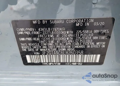 2020 Subaru Crosstrek Limited from USA, damaged, VIN JF2GTANC6LH260358